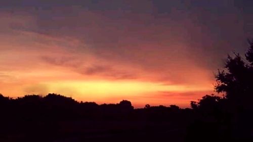 Silhouette trees against dramatic sky during sunset