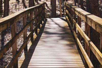 Wooden footbridge along trees