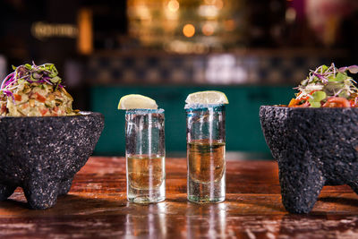 Close-up of food and drink on table