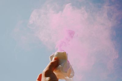 Low angle view of hand holding pink against sky