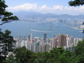 Aerial view of city and buildings against sky