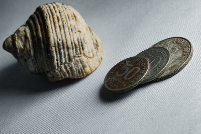 High angle view of coins on table