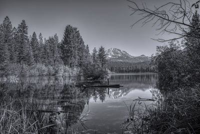 Scenic view of lake by trees against sky