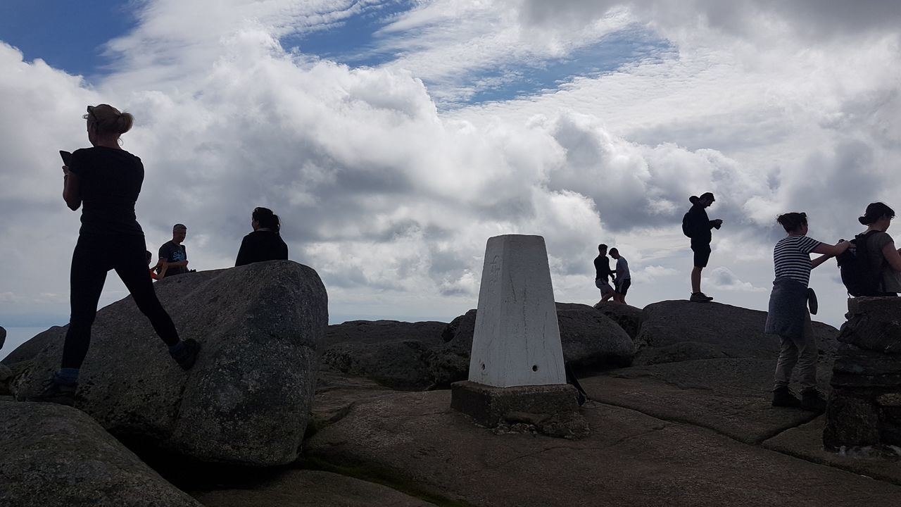 group of people, cloud - sky, sky, real people, leisure activity, rock, men, lifestyles, rock - object, solid, women, nature, people, group, activity, beauty in nature, adult, day, full length, standing, outdoors