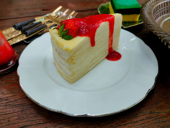 High angle view of dessert in plate on table