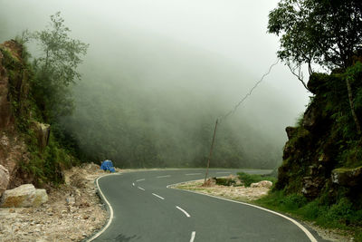 Road amidst trees against mountains