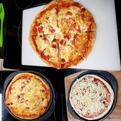 High angle view of pizza on table