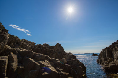 Rocks by sea against sky on sunny day