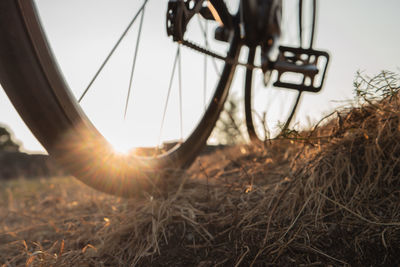 Low section of person with bicycle on field