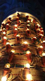 Close-up of illuminated candles in temple