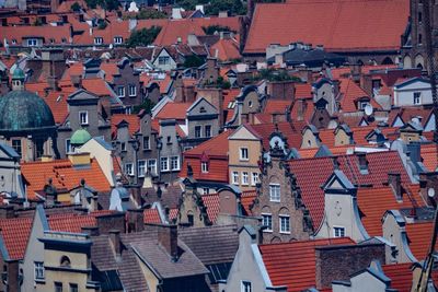 High angle view of residential buildings in city