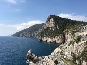 Scenic view of sea and mountains against sky