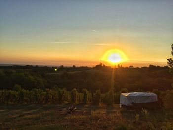 Scenic view of field against clear sky during sunset