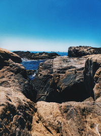 Rock formations against clear blue sky