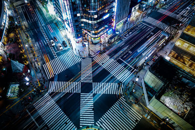 High angle view of illuminated city street