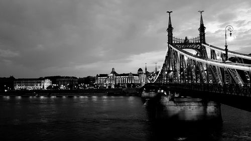 Bridge over river with city in background