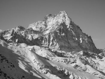 Scenic view of snowcapped mountains against clear sky