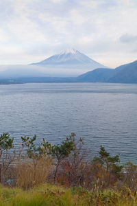 Scenic view of snowcapped mountain against cloudy sky