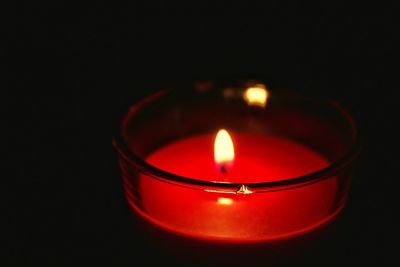 Close-up of lit candle against black background