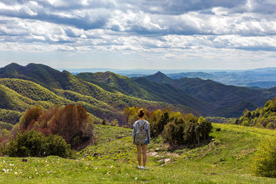 Rear view of man standing on mountain