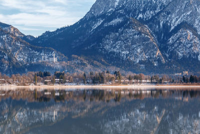 Scenic view of lake by snowcapped mountains against sky