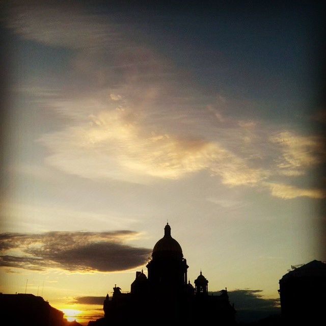 sunset, silhouette, architecture, building exterior, built structure, sky, religion, cloud - sky, place of worship, spirituality, orange color, low angle view, history, travel destinations, cloud, famous place, outdoors, dusk, travel, sun