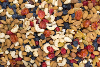 Natural background made from different kinds of nuts and raisins.