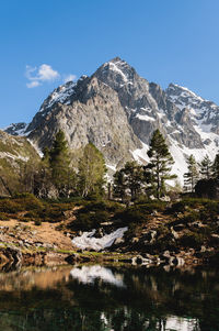 Scenic view of snowcapped mountains against blue sky