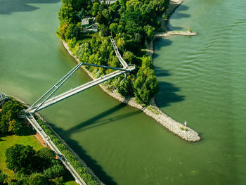Aerial view from düsseldorf tv tower on a small bridge and island