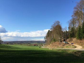 Man on golf course against blue sky