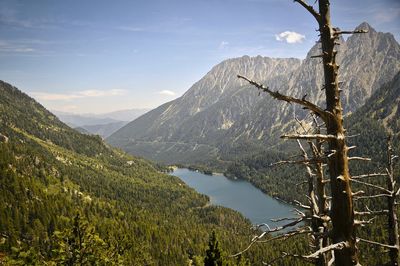 Scenic view of lake and mountains against sky