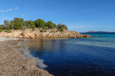 Scenic view of sea against clear blue sky