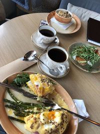 High angle view of breakfast served on table