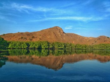 Scenic view of lake and mountains against blue sky