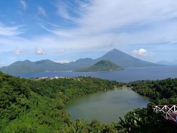 Scenic view of sea and mountains against sky