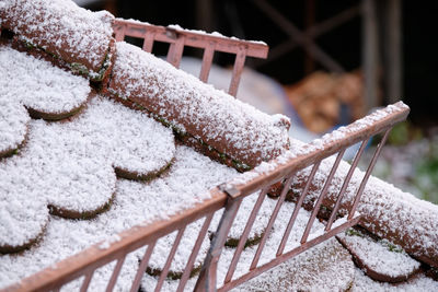 Close-up of snow covered railing