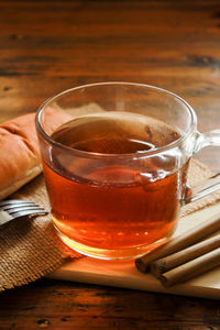 Close-up of tea in glass on table