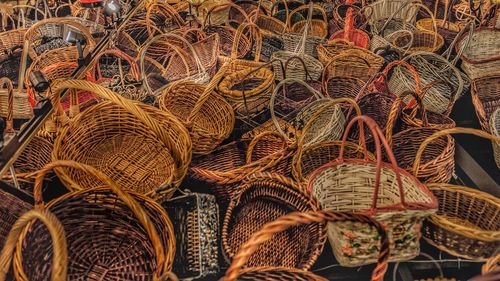 Full frame shot of wicker baskets for sale at market