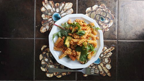 High angle view of salad in plate on table