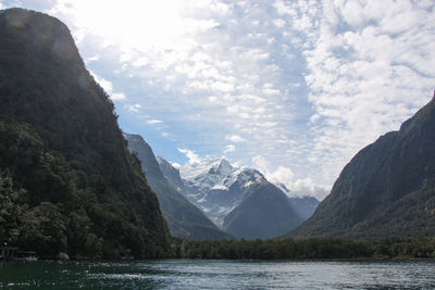 Scenic view of lake and mountains against sky