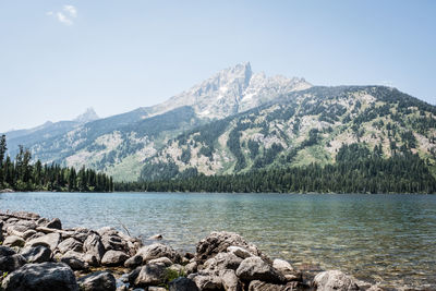 Scenic view of lake and mountains against sky