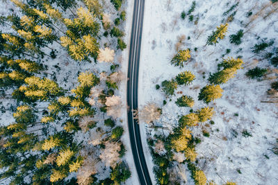 Aerial view of a road driving through snow capped mountains