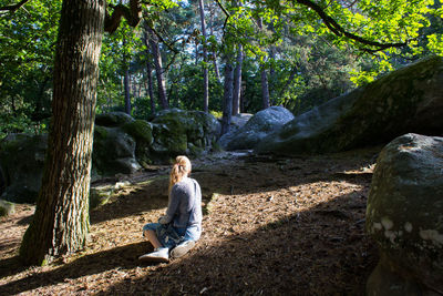 Full length rear view of woman sitting in forest