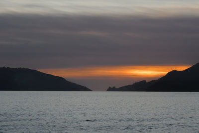 Scenic view of sea and mountains against sky during sunset