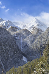 Mountain peaks in alpine landscape