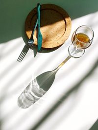 High angle view of fork on table