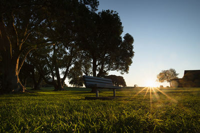 Bench on field against sky during sunset