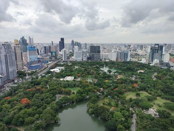 High angle view of buildings in city against sky