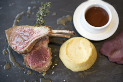 Close-up of food and drink on slate