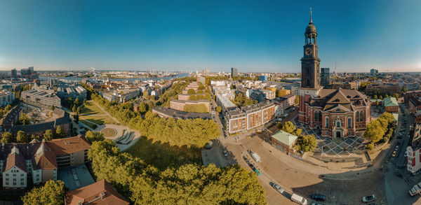 Panorama of hamburg in cloudless weather with st. michaelis church